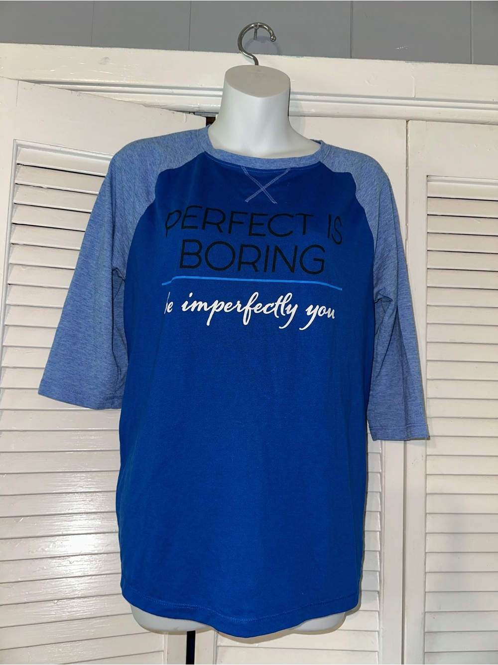 Perfect Is Boring Graphic Raglan Tee Blue Gray 3/4 Sleeve Women's Large